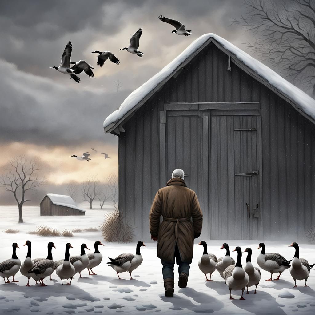 Winter Farm Scene with Geese, Detailed Matte Painting