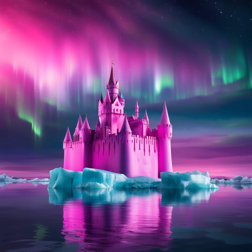 Pink Ice Castle Under Northern Lights