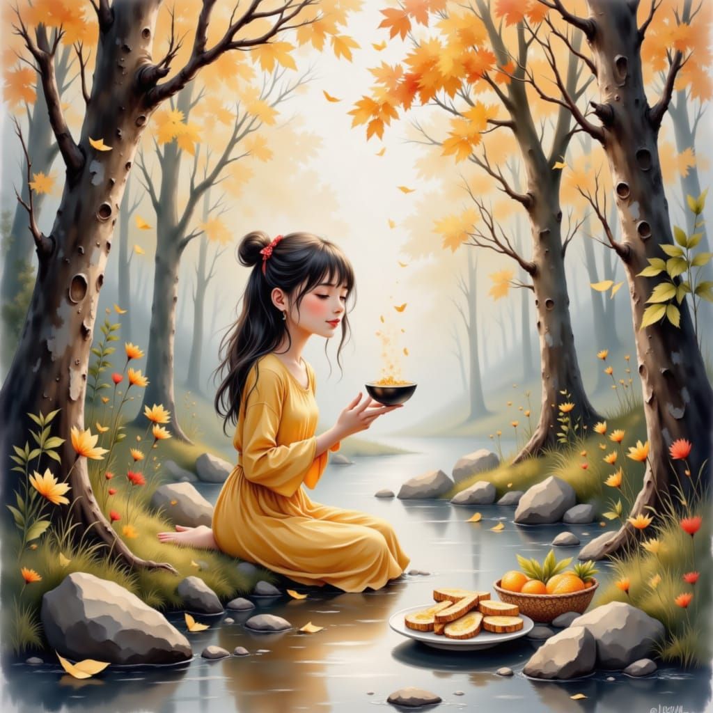 Girl Eating Fish in Misty Forest Watercolor Painting