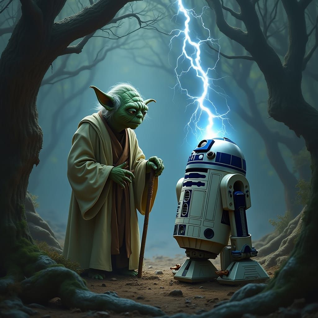 Jedi Master Yoda Interacts with R2D2 in a Mysterious Forest