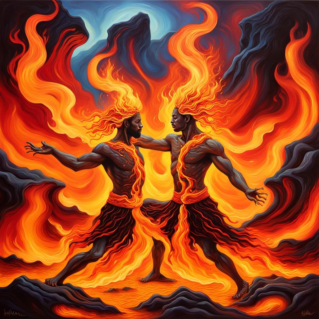 Fiery Embrace: Lava Dancers in Oil Painting Style