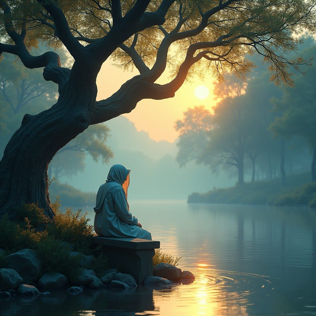 Contemplative Figure at River's Edge in Matte Painting Style