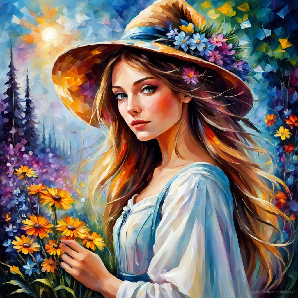 Girl Wizard Among Wildflowers in Impressionist Style