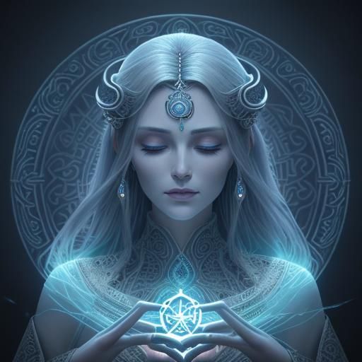 Mystical Woman Meditating in Ancient Stone Rings