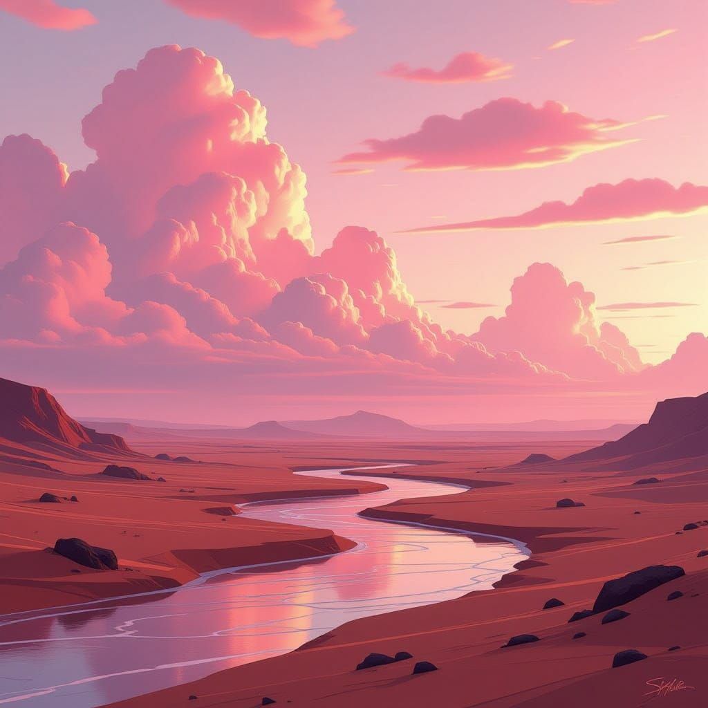 Whimsical Mars Waterfall Amidst Pink Clouds