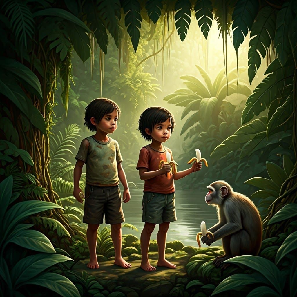 Kids Playing with Monkeys in Lush Jungle
