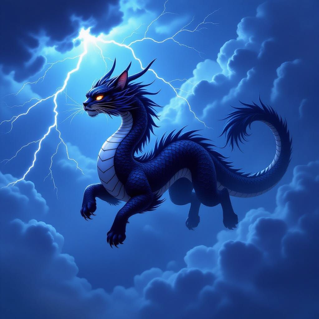 Black Fur Dragon with Cat Head Soars Through Stormy Skies