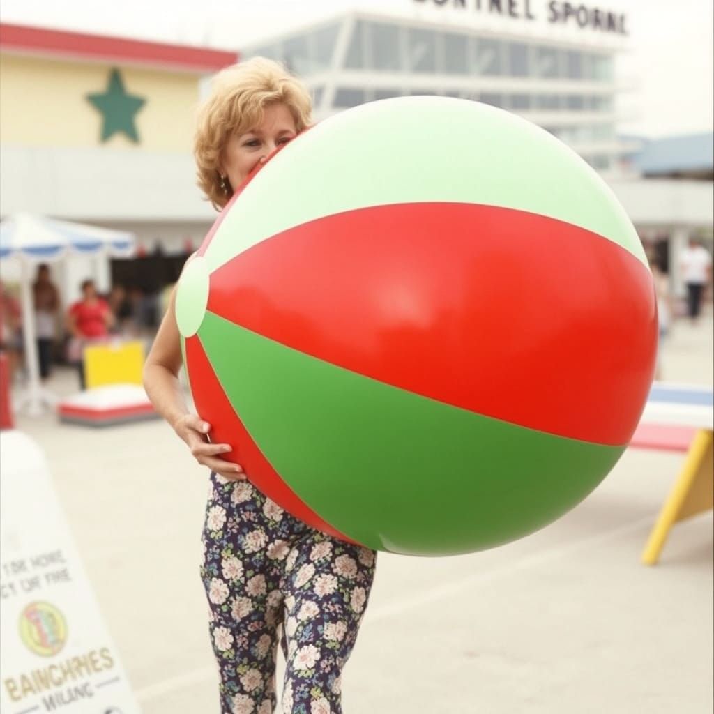 Actress with a Giant Beach Ball in a Whimsical Setting