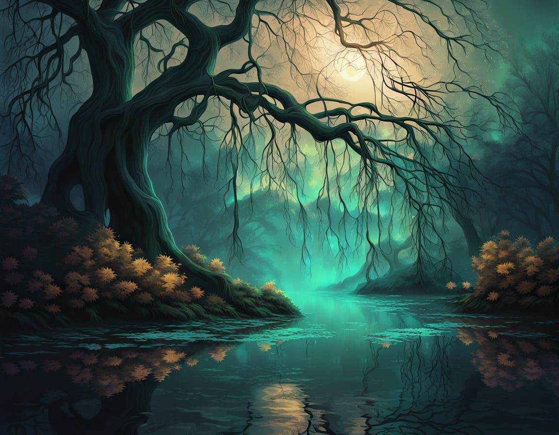 Majestic Weeping Willow in Moonlit River, Gothic Forest