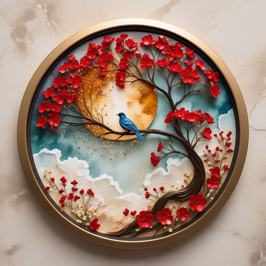 Alcohol Ink Art: Floral Circle with Bird in Golden Hour