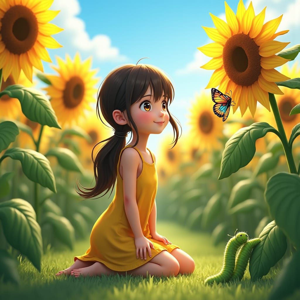 Girl with Sunflowers and Butterfly in Anime Style