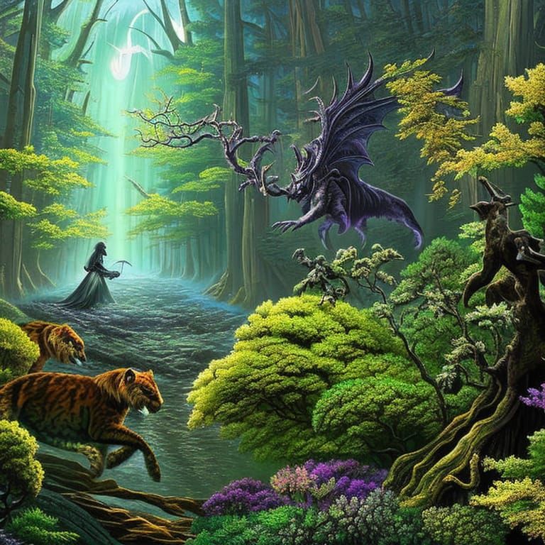Scary Creature Hunts Furries in Dark Forest Painting
