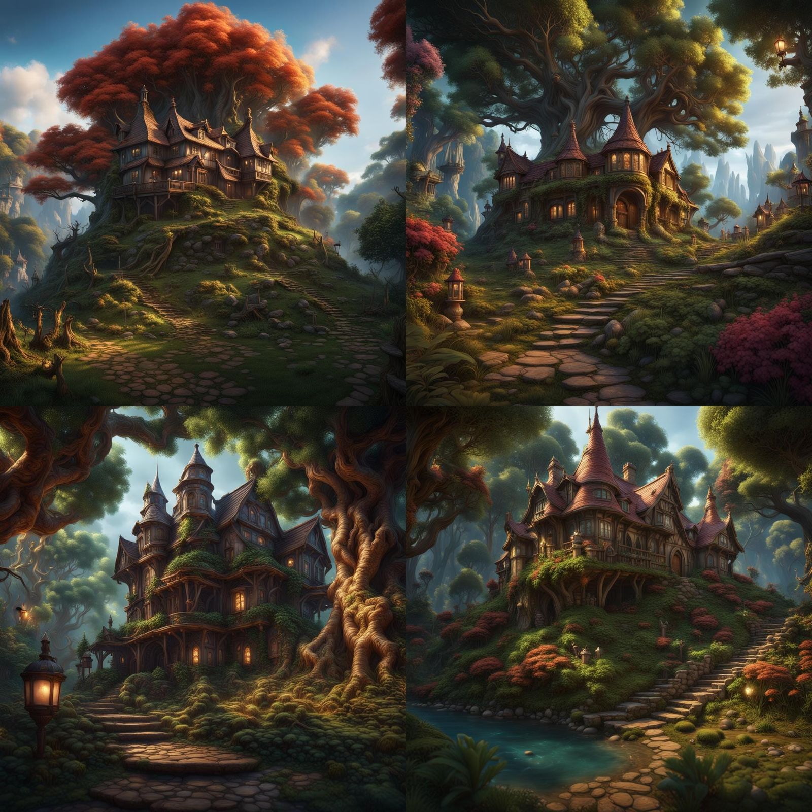Enchanted Forest Treehouse with Fireflies: Fantasy Art