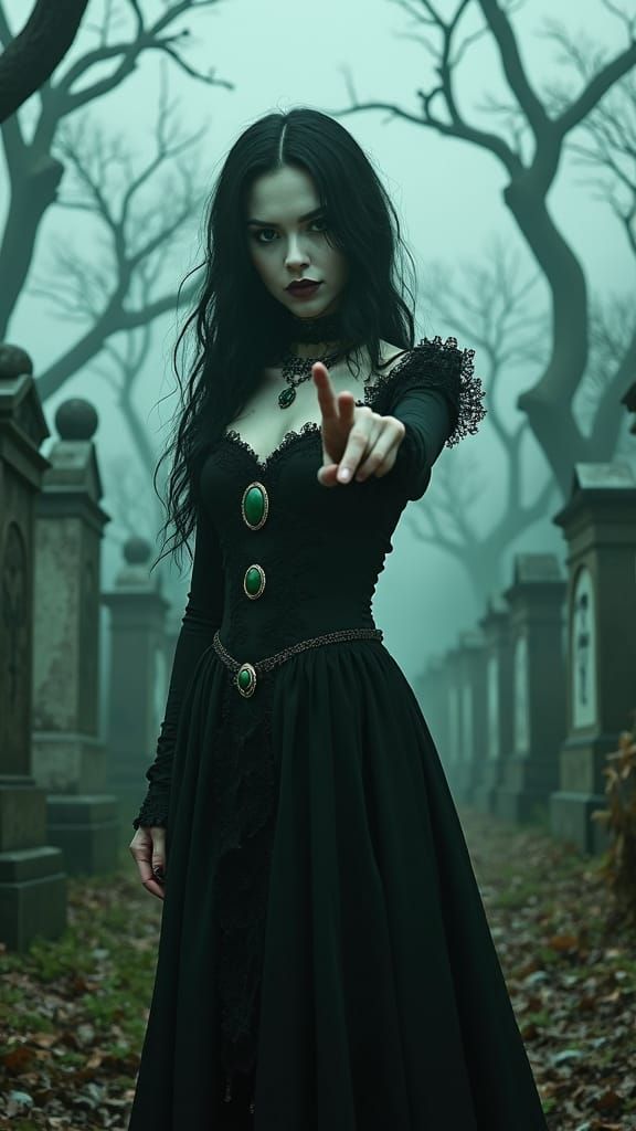 Eerie Victorian Woman in Cemetery at Dusk