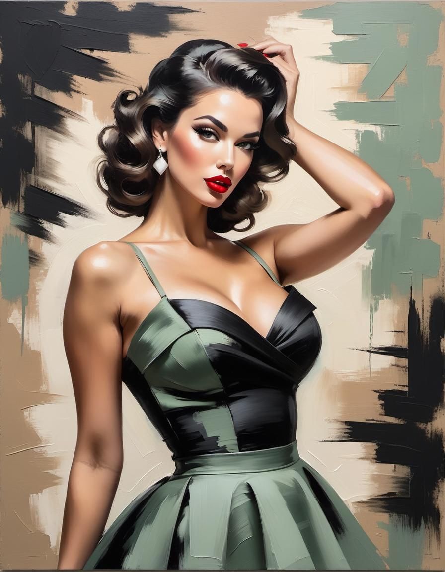 European Pinup Model in Impressionist Oil Painting Style