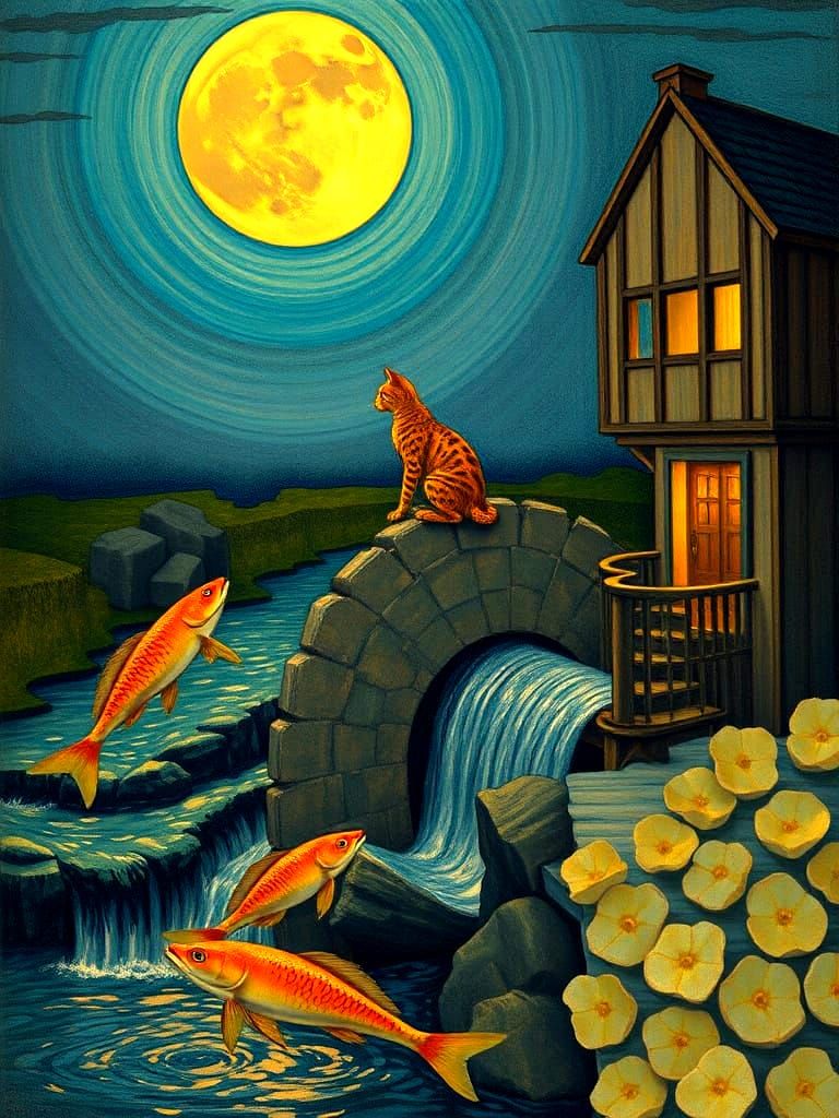 Ethereal Moonscape with Cat Watching Fish Jump in a Stream, ...