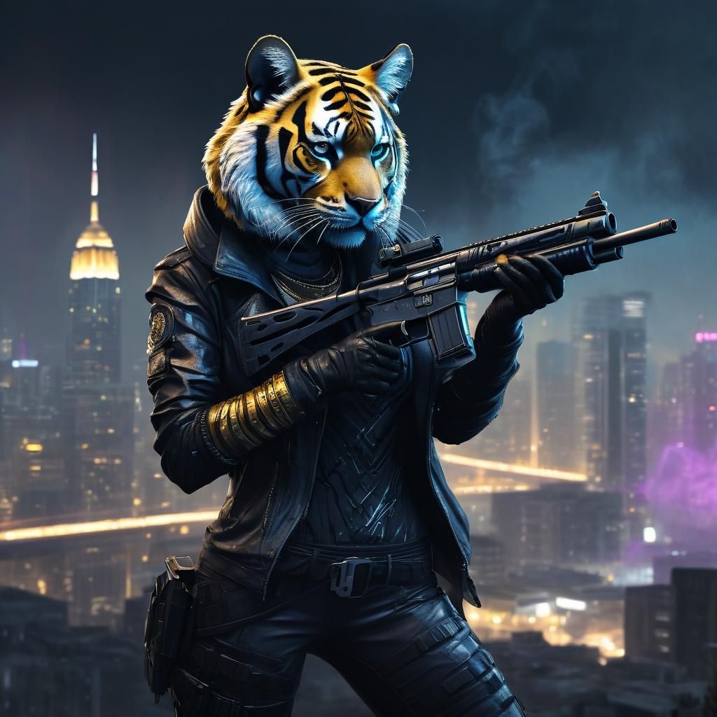 Bengal Tiger Anthro in Misty Cityscape