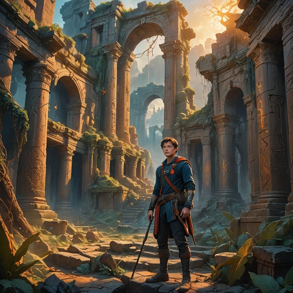 Heroic Figure in Mystical Ruins: Fantasy Oil Painting