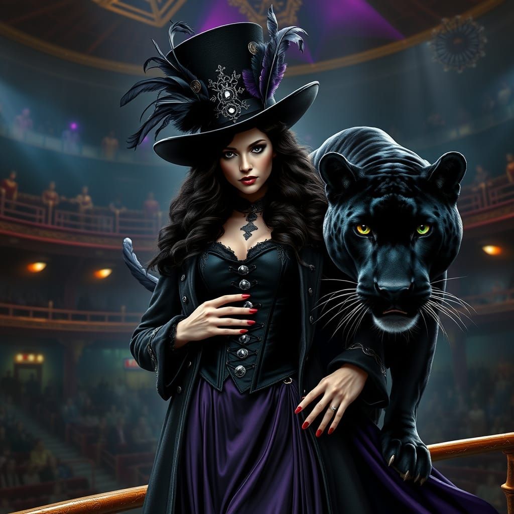 Witch Ringmaster with Black Panther in Vintage Circus Arena