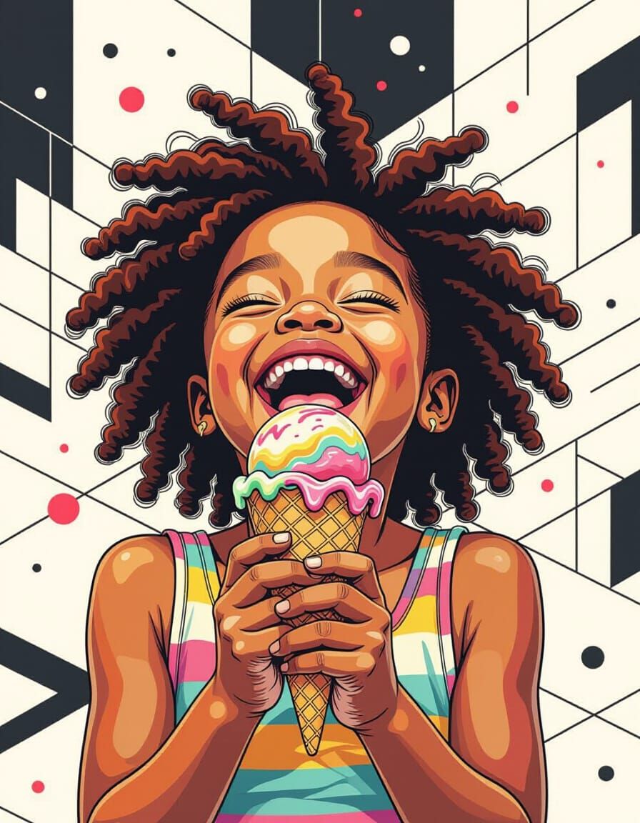 Joyful Girl Eating Ice Cream in Mechanical Drafting Style