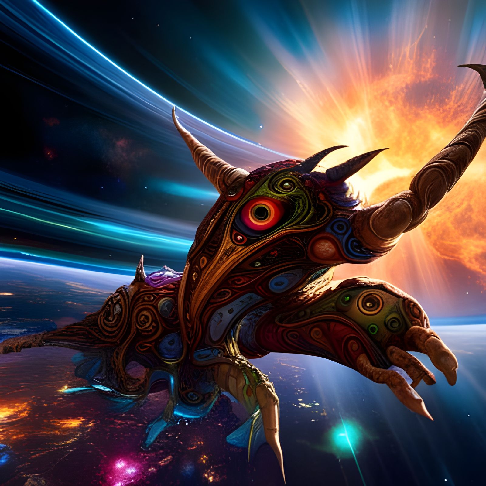 Alien Monster on Starship in Anime Fractal Style