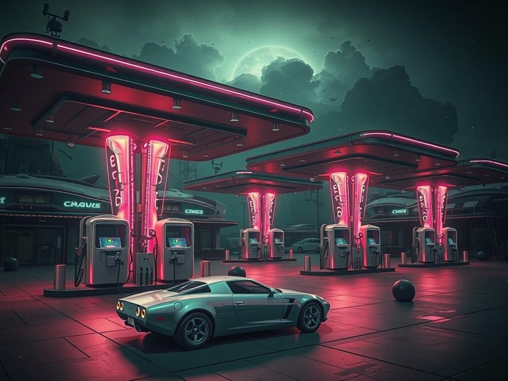 Busy Intergalactic Gas Station with Flying Cars