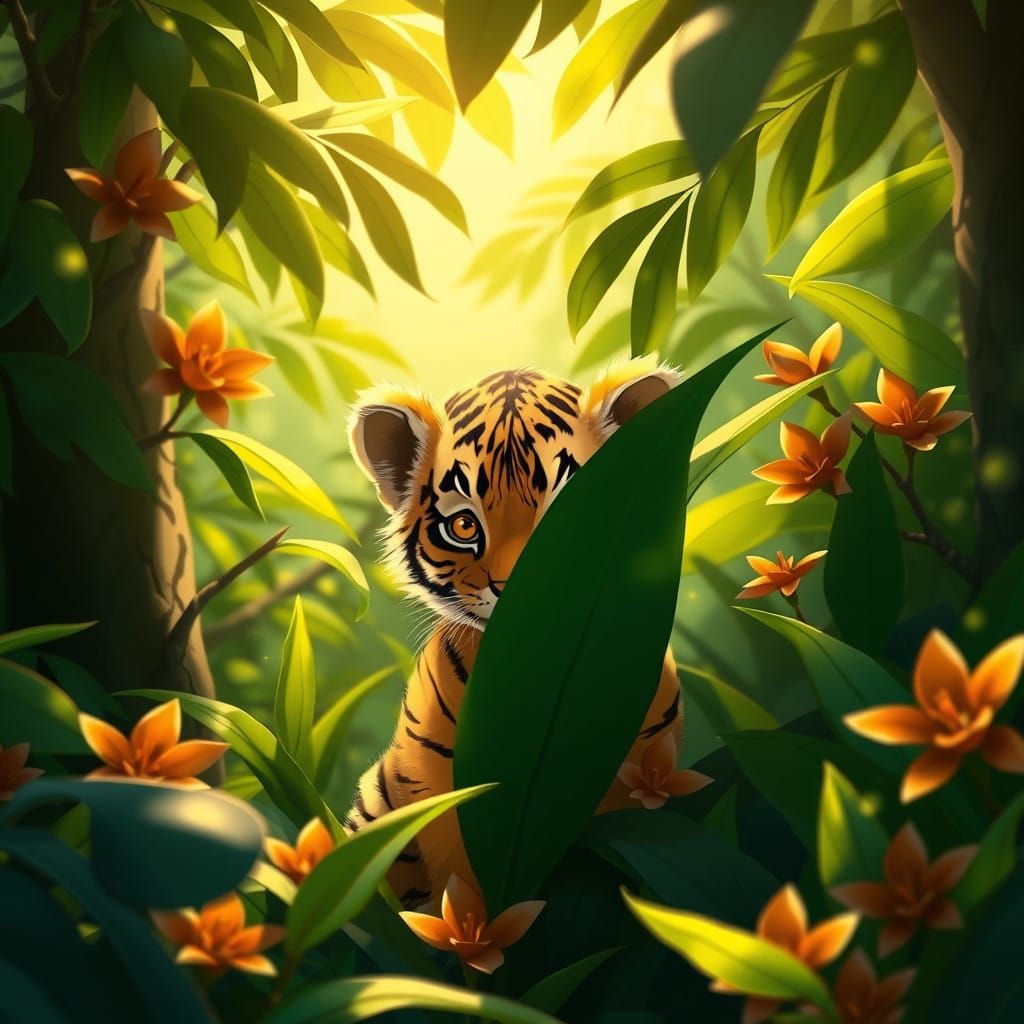 Tiger Cub Hiding in Lush Jungle with Vibrant Flowers
