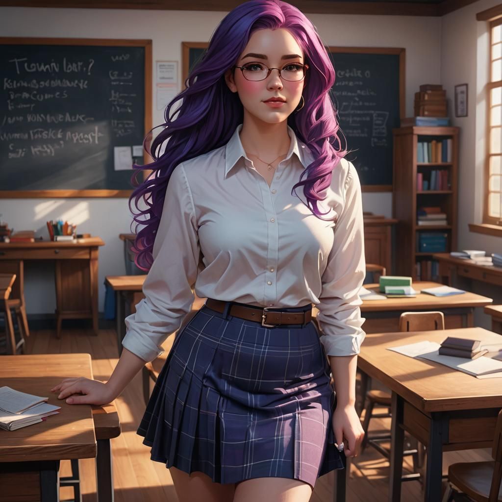 Curvy Woman with Purple Hair in Classroom, Digital Art