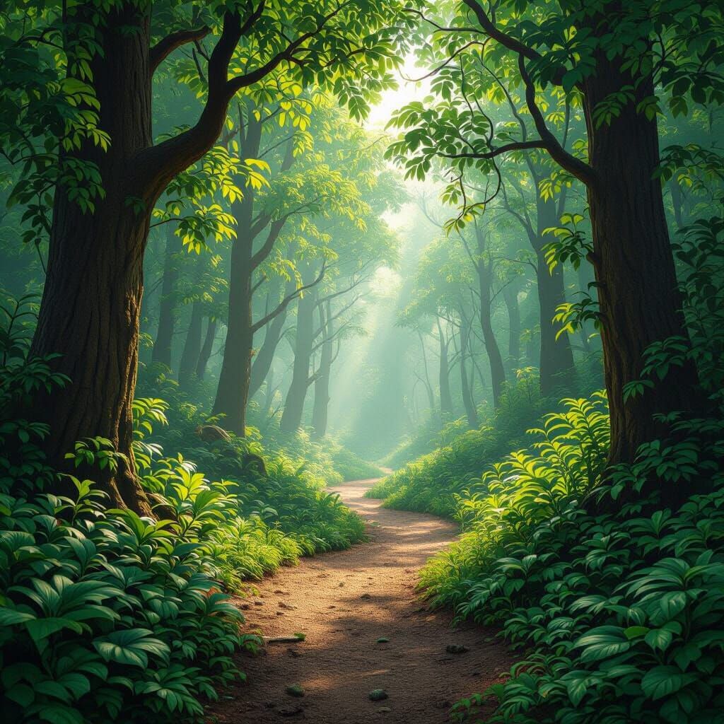 Misty Forest Path with Vibrant Green Leaves in Matte Paintin...