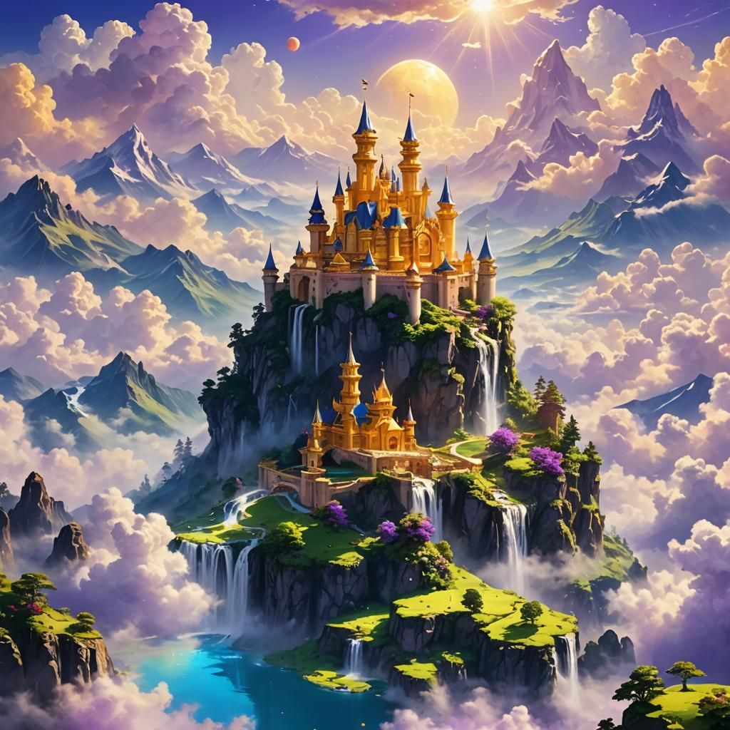 Heavenly Golden Castle Floating in Cosmic Scenery
