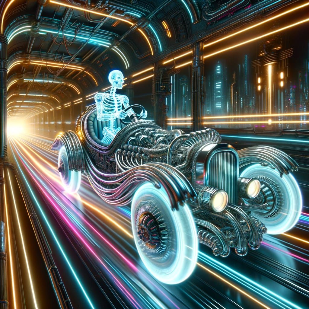 Neon Bone Vehicle Races Through Cyberpunk City