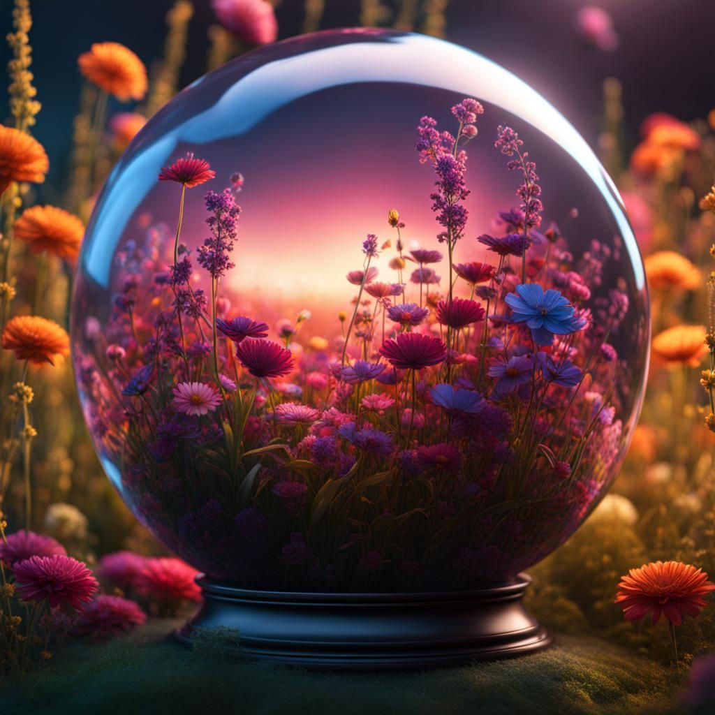 Flower Field in Glass Sphere: Fantasy Concept Art