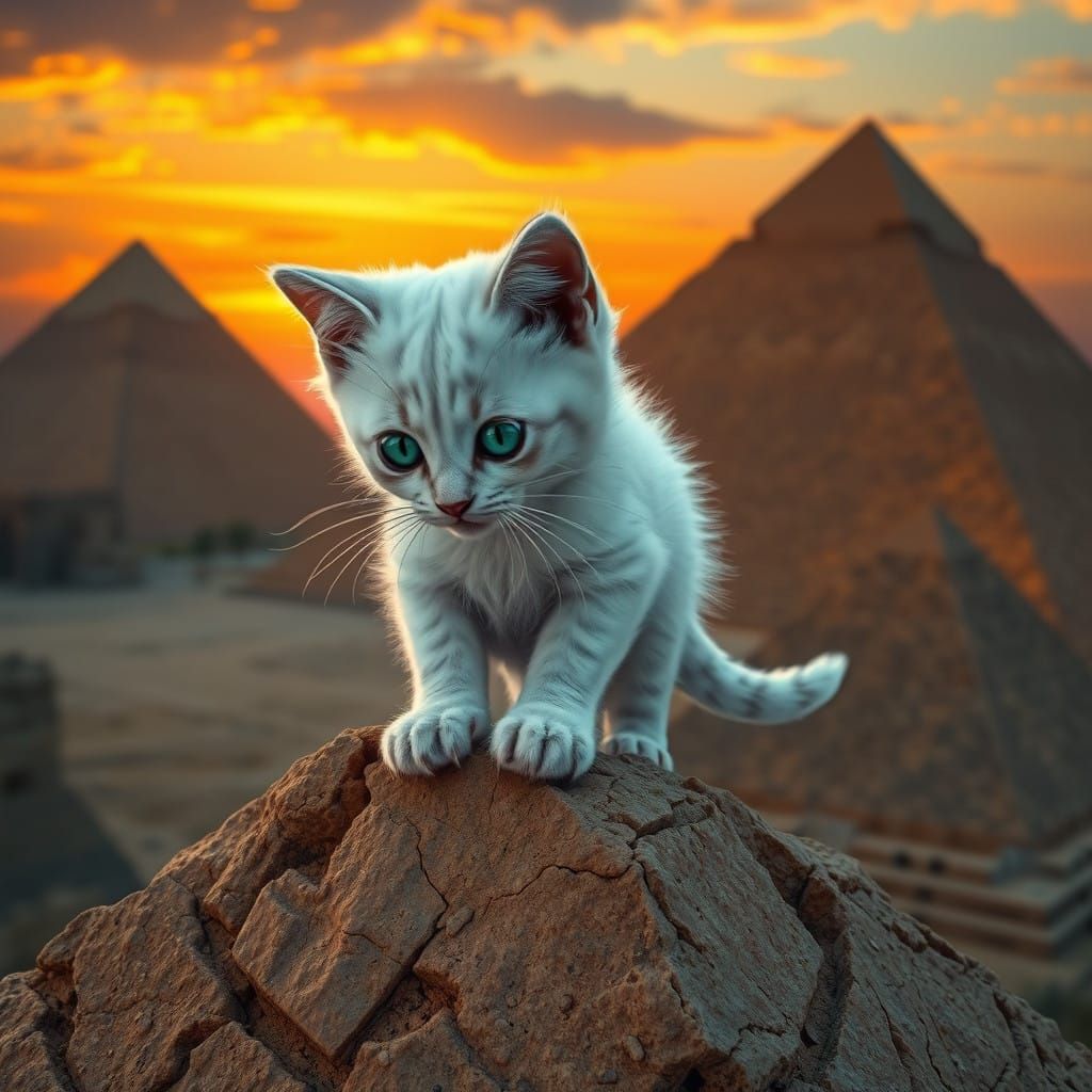 Regal Kitten Reigns Over Ancient Pyramids at Dusk