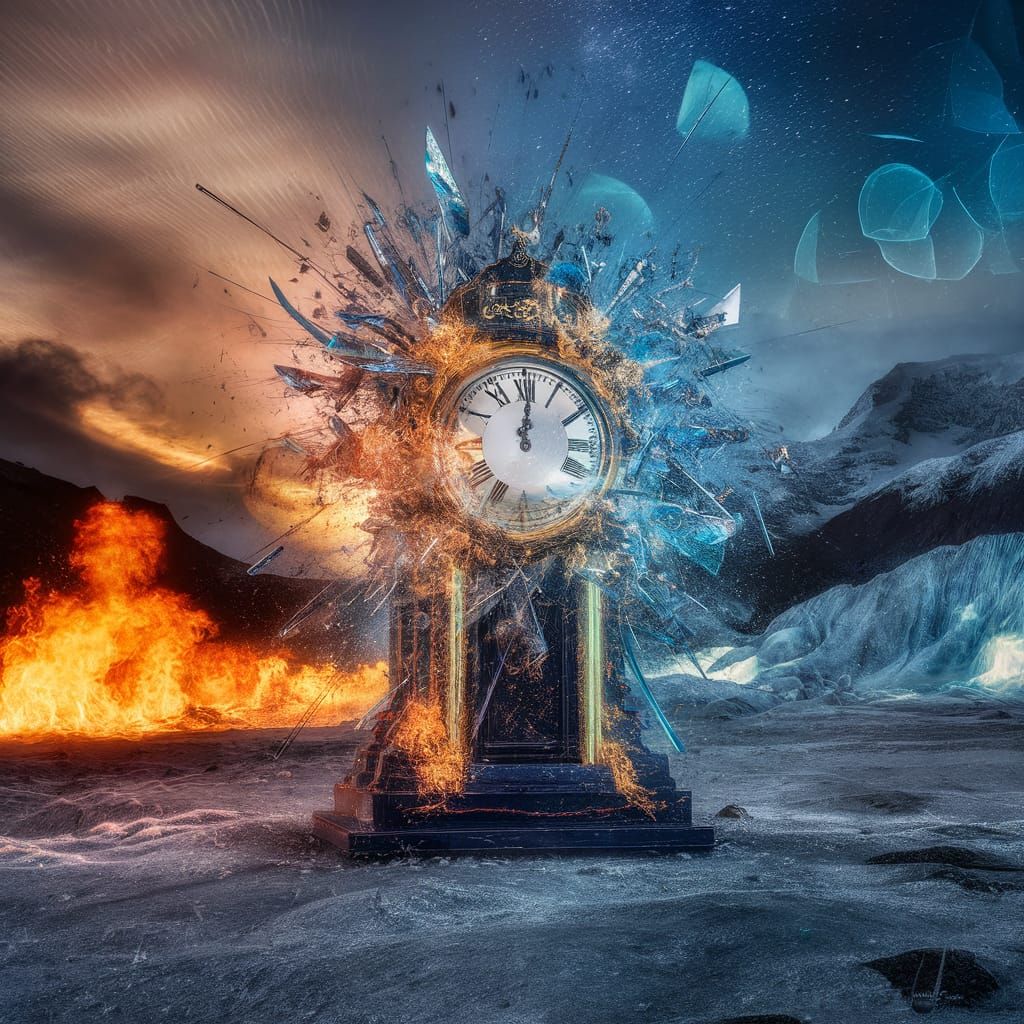 End of times, clock exploding into coloured pieces of glass,...
