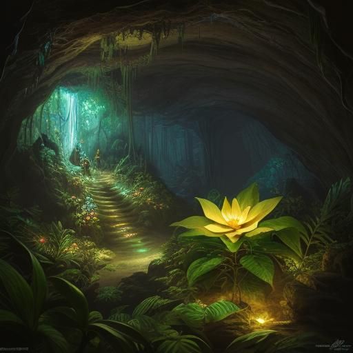 Glowing Jungle Flower in Cave, Photorealistic Masterpiece