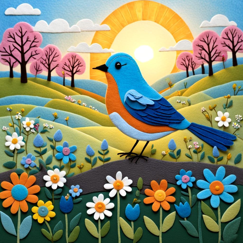 Sunny Spring Meadow Bird in Folk Art Style