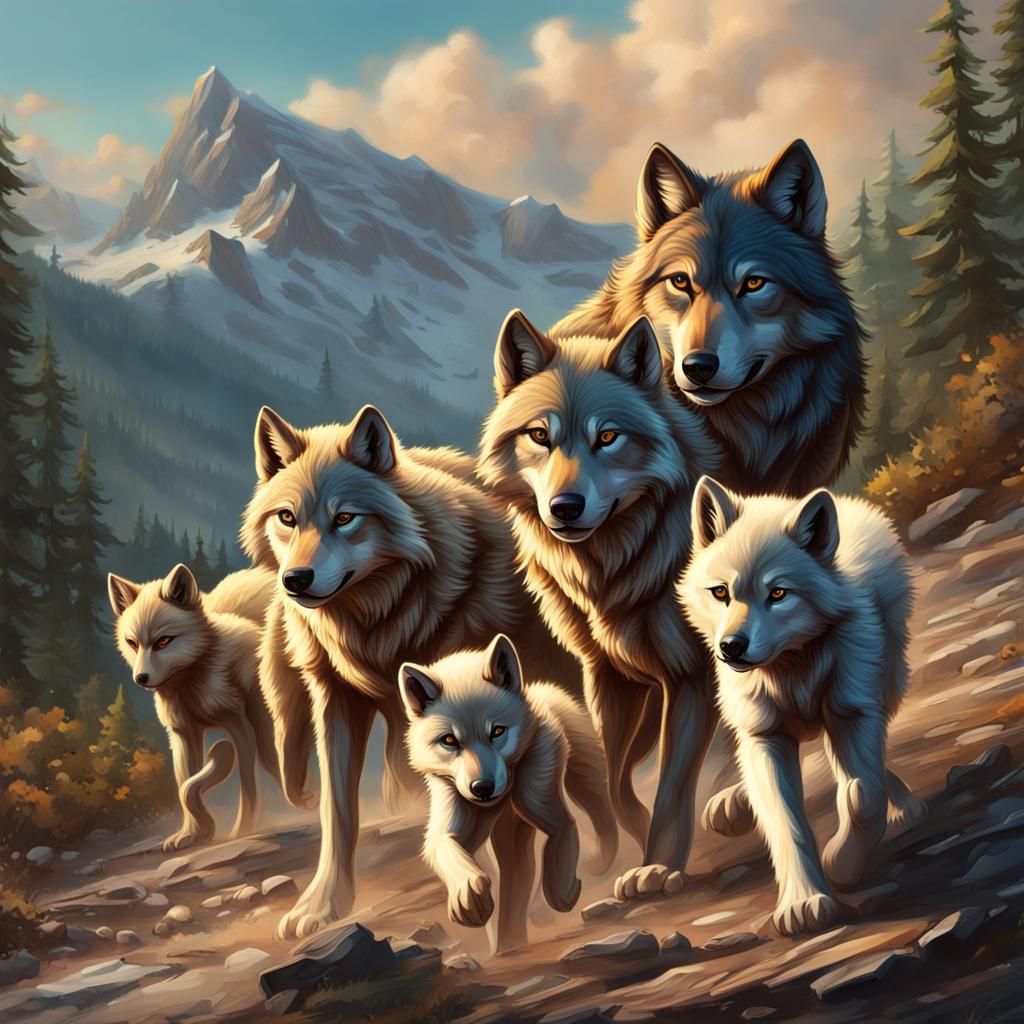 Wolf Pack Family Journey in Splash Art Style