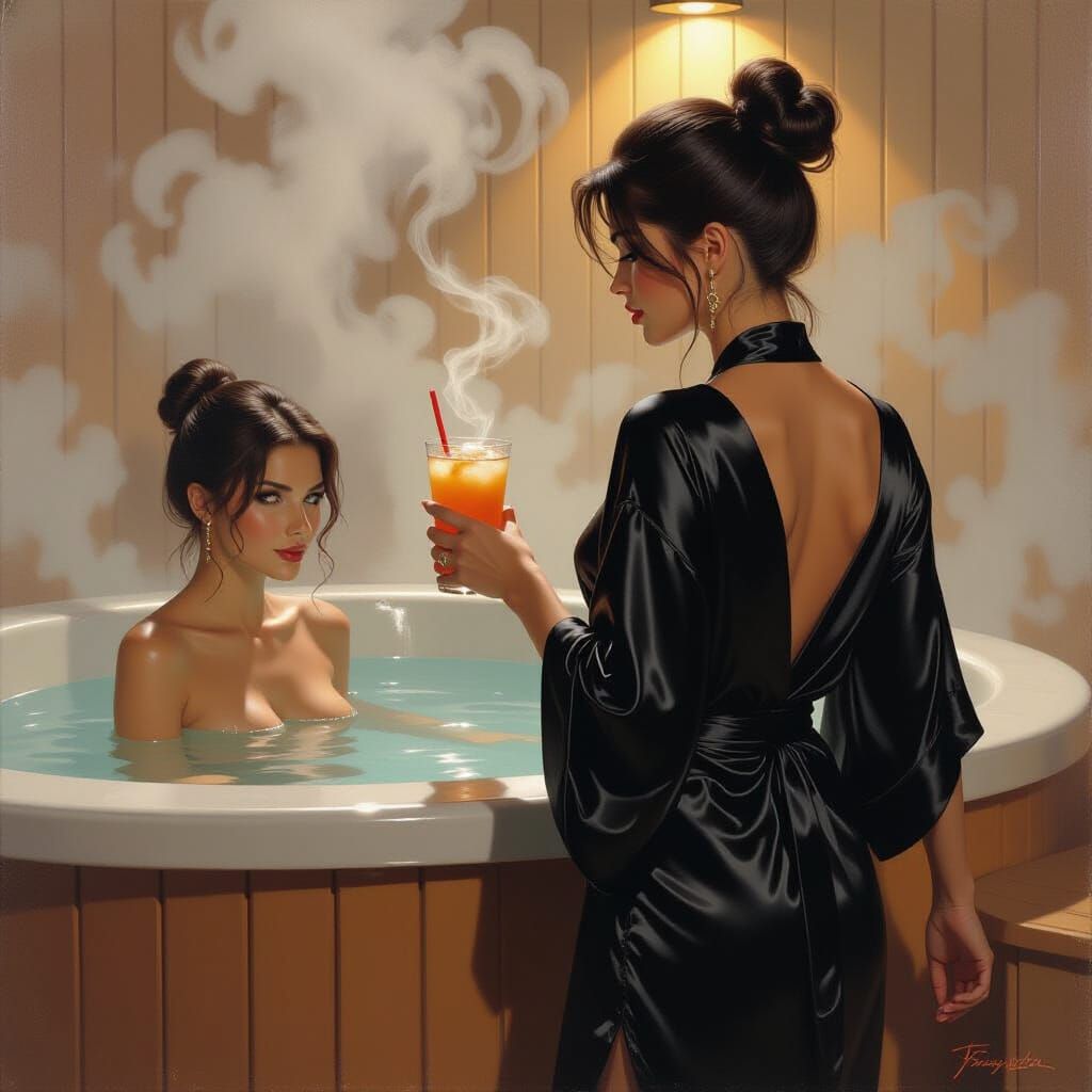 Sauna Scene in Fantasy Oil Painting Style