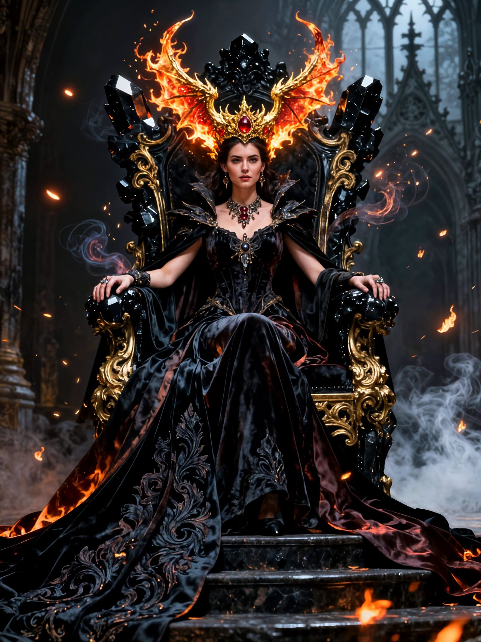 Regal Queen on Obsidian Throne in Fiery Aura