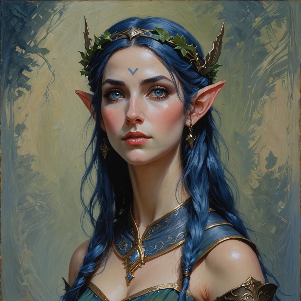 Blue-Haired Elf Portrait in Oil Painting Style