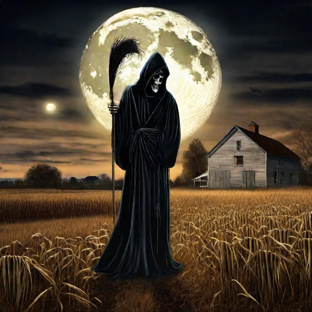 A sinister yet eloquent  Grim Reaper,  a full moon, moon light gleaming down on the Reaper like a spotlight,  a creepy o...