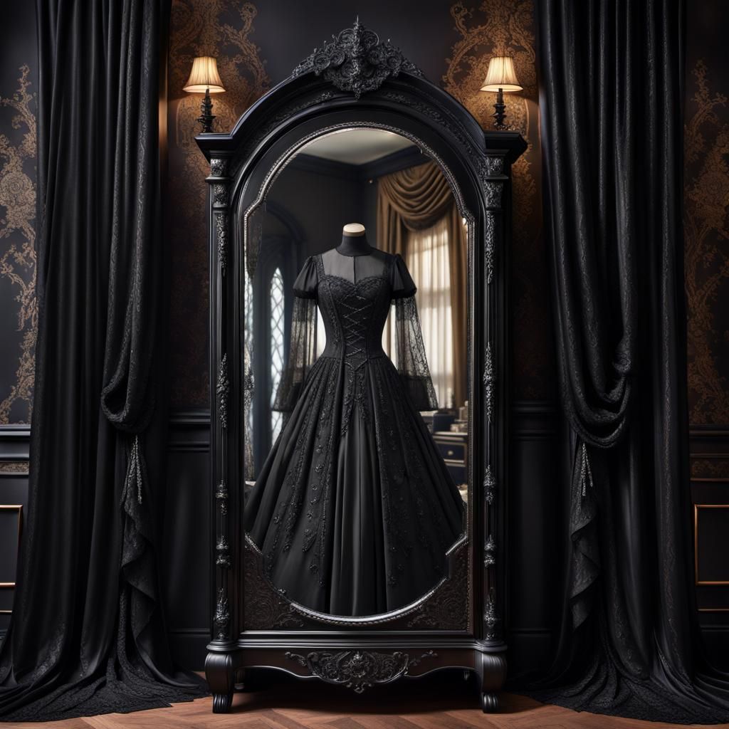 Black Gothic Dress with Embroidery, Digital Matte Painting