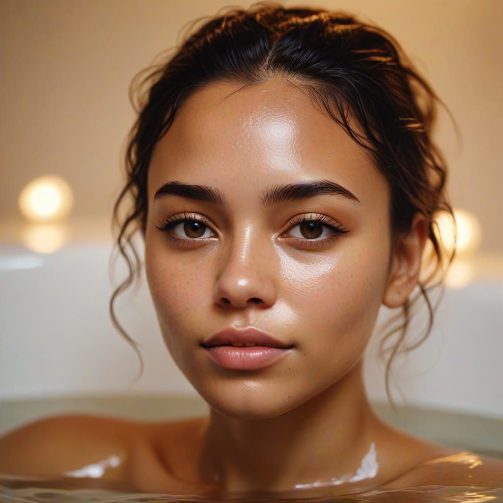 Serene Mixed Race Girl in Golden Bath