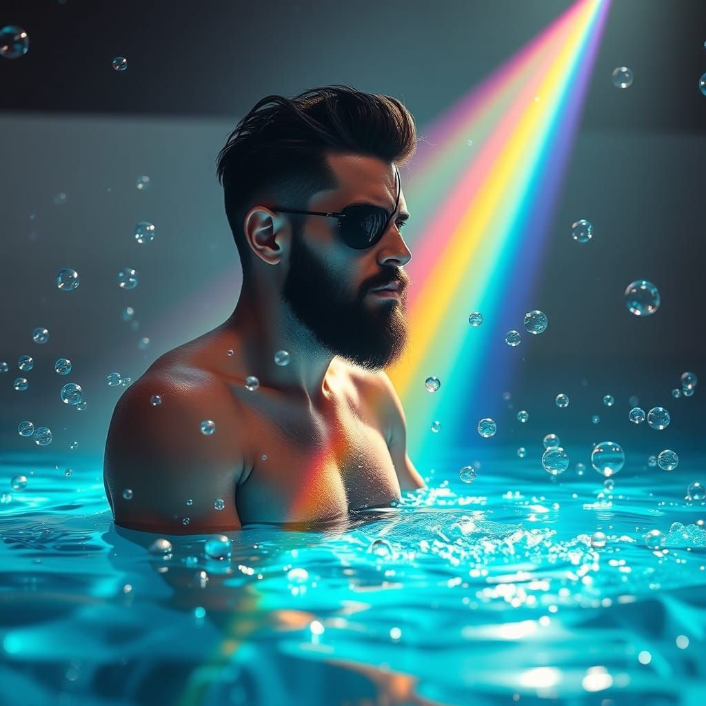 Dreamlike Pool Scene with Rainbow Light Refraction