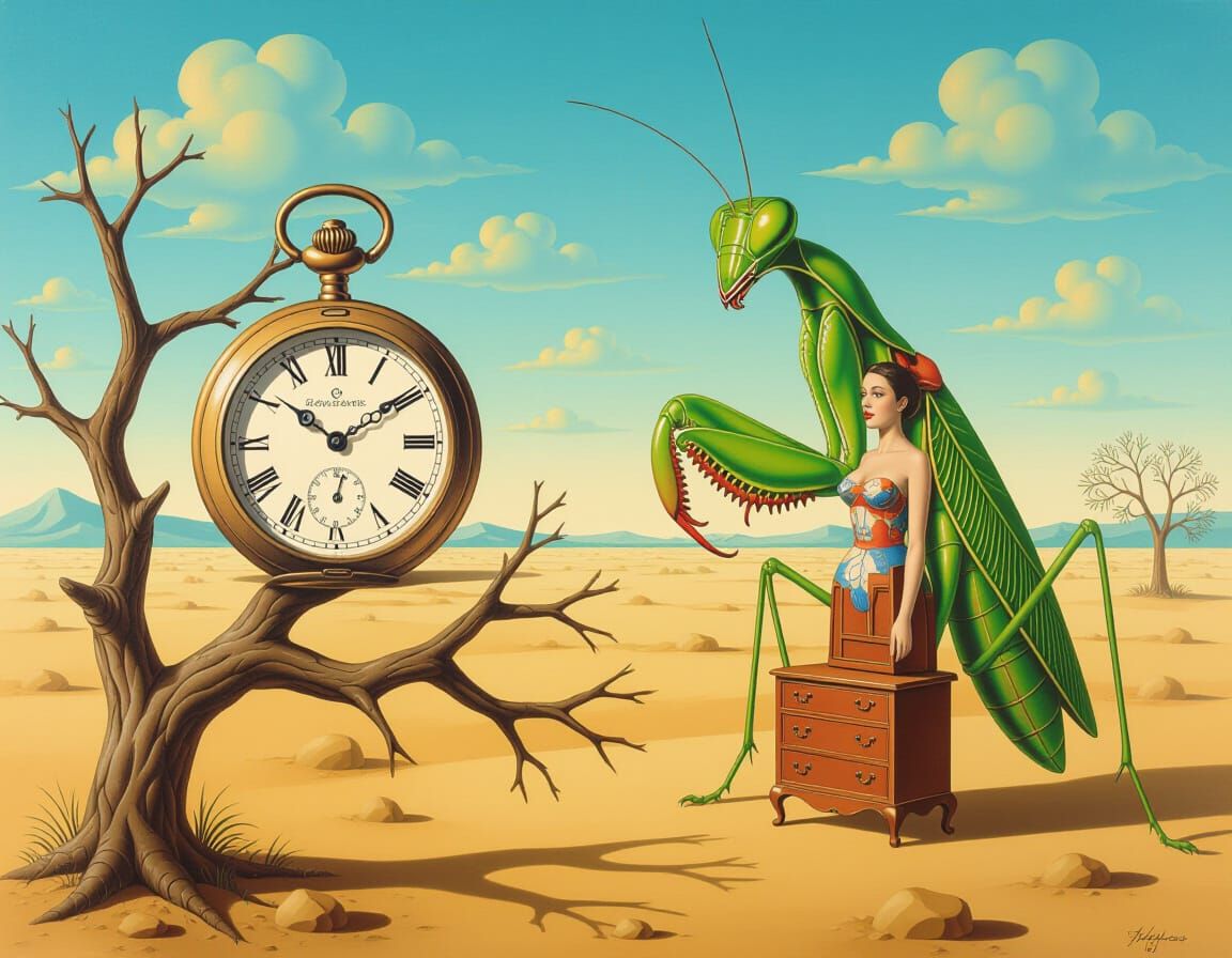 Surreal Dreamscape with Melting Clock and Furniture Woman