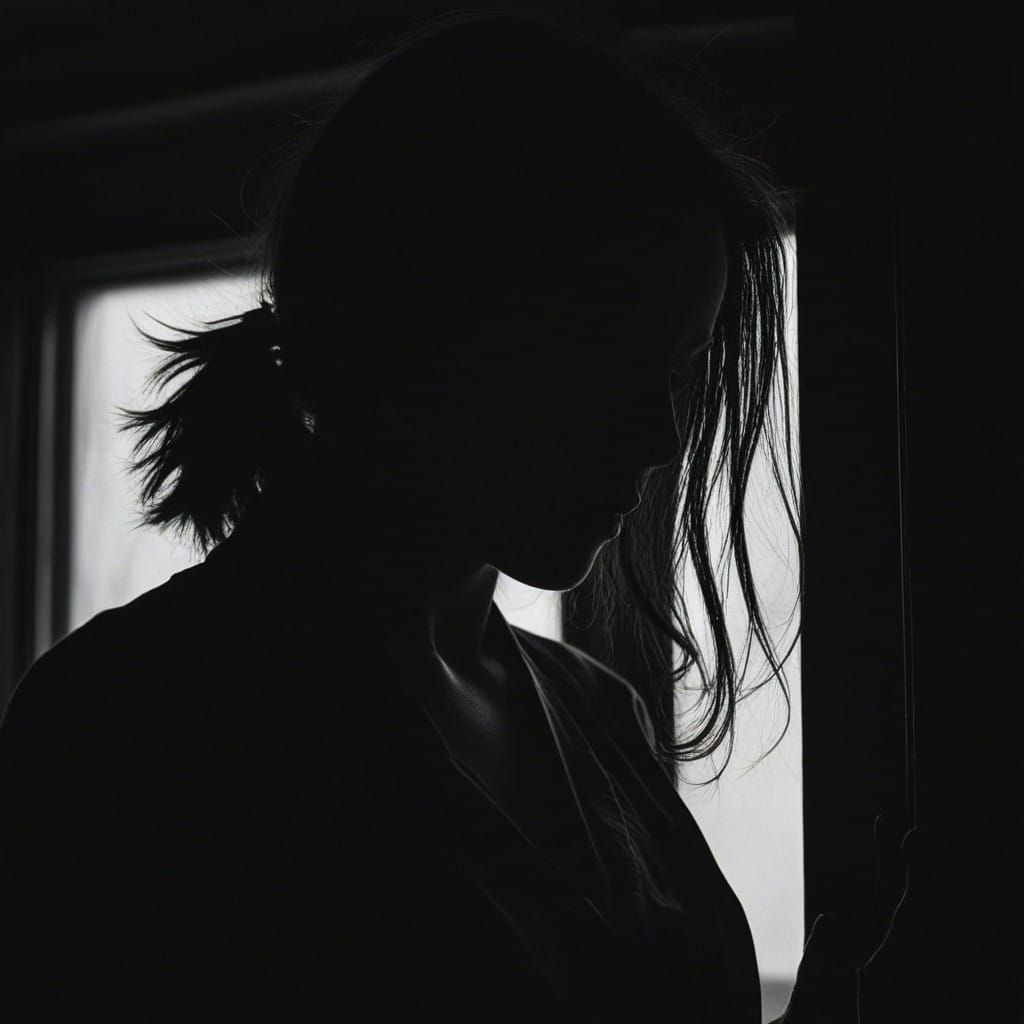 Woman in Dark Room Window Opening - Close Up Portrait