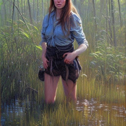 Wild Woman in Primal Swamp: Oil Painting