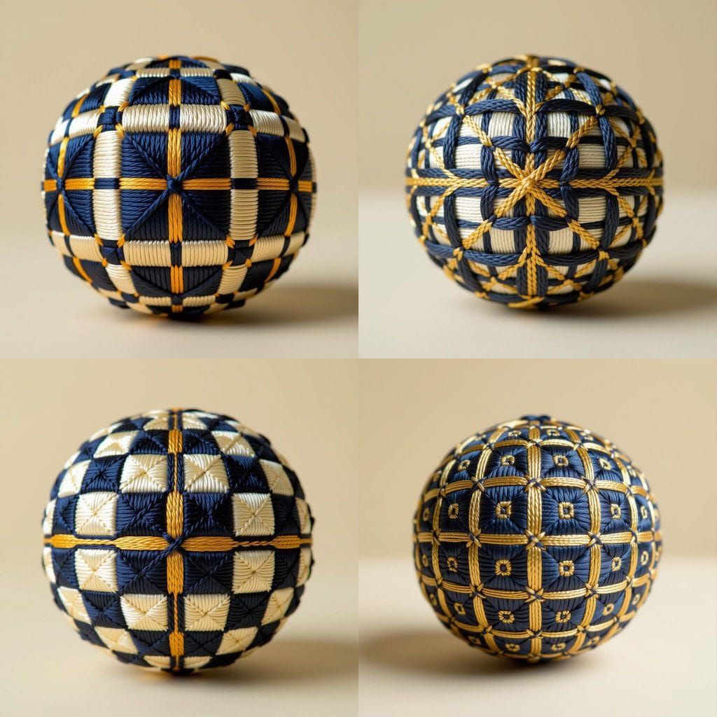 Meticulously Stitched Japanese Temari Ball in Blue, Gray, an...