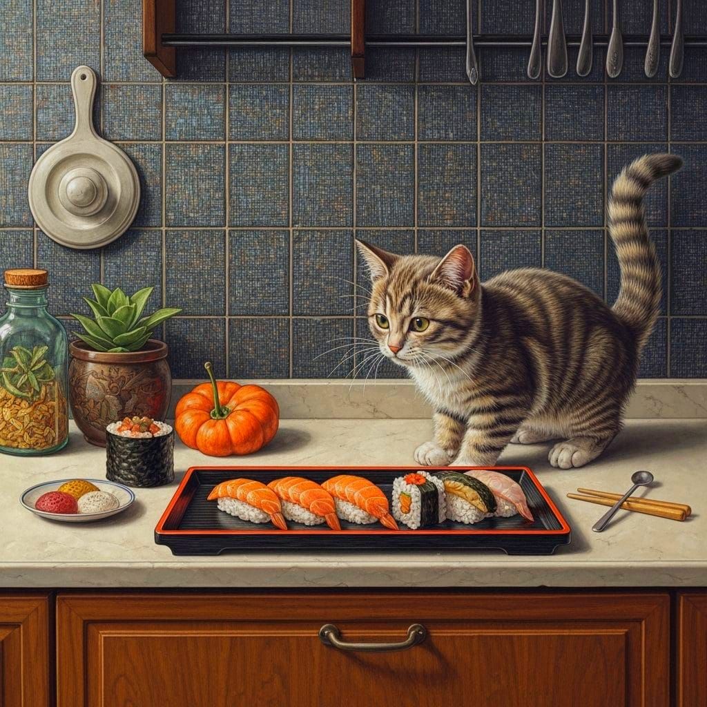 Mischievous Kitten Investigates Sushi in Art Nouveau Style
