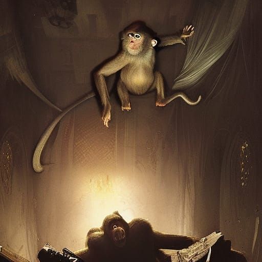 Monkey Gamer in Dark Engraving Style